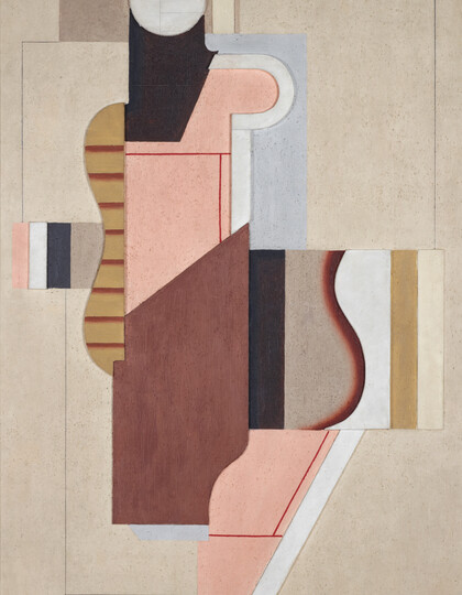Willi Baumeister Mauerbild Schwarz-Rosa, 1923–1929 116 x 76 cm Öl, Holz, Sand auf Sperrholz mumok - Museum moderner Kunst Stiftung Ludwig Wien, erworben in 1967 © Bildrecht, Wien 2025 Exhibition: The World of Tomorrow Will Have Been Another Present