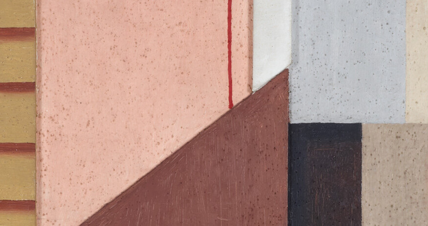 Willi Baumeister Mauerbild Schwarz-Rosa, 1923–1929 116 x 76 cm Öl, Holz, Sand auf Sperrholz mumok - Museum moderner Kunst Stiftung Ludwig Wien, erworben in 1967 © Bildrecht, Wien 2025 Exhibition: The World of Tomorrow Will Have Been Another Present