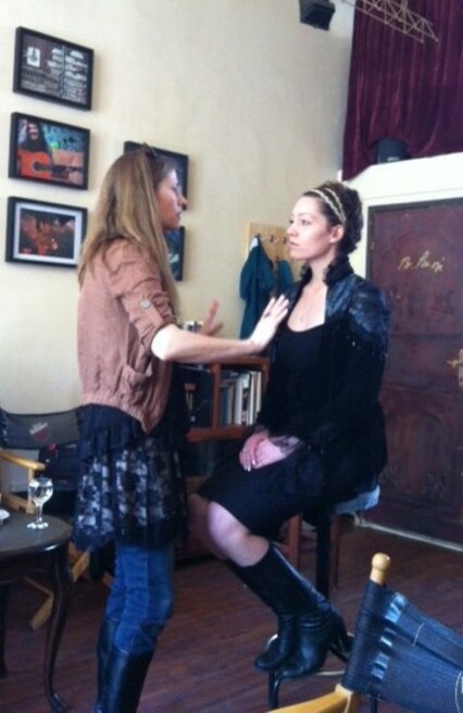 Dress rehearsal for the public reading at Gallery Smoje, Sarajevo. Selma with her mentor, Stacy Mattingly.