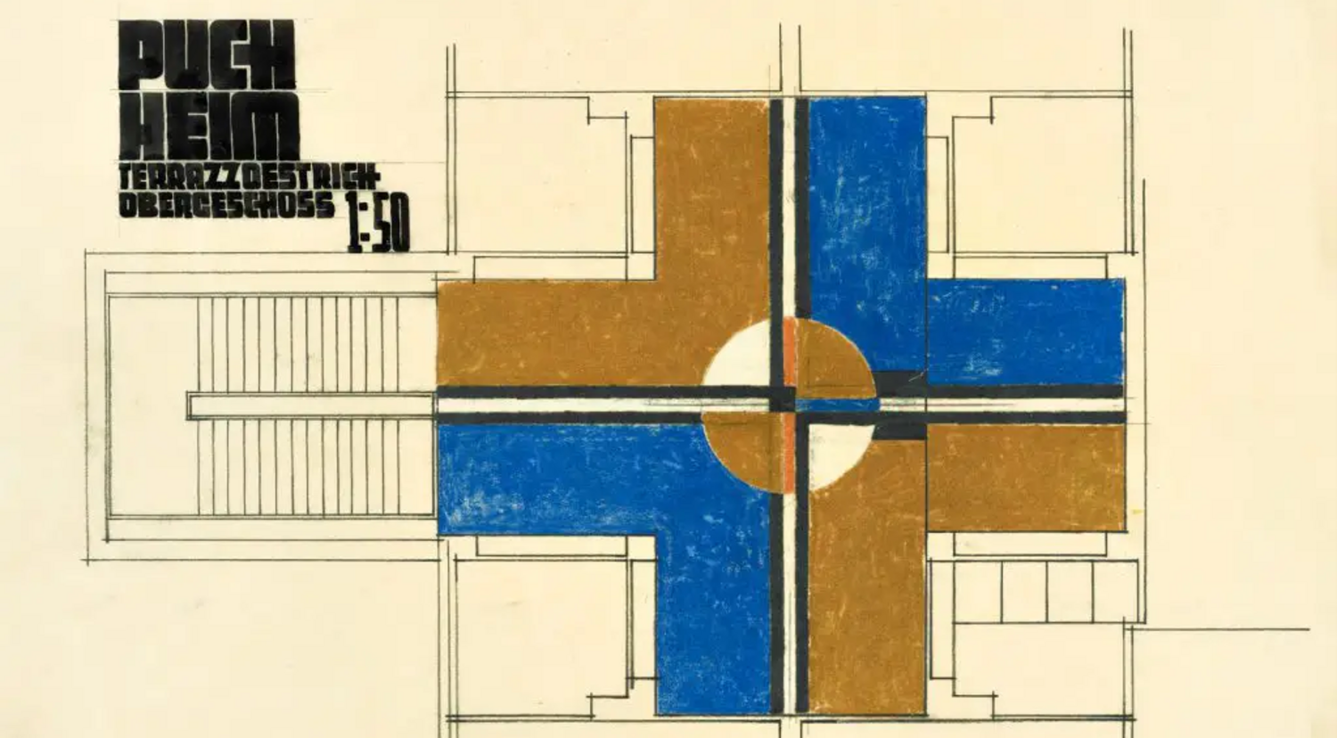 Hans Steineder, Volks- und Hauptschule der Schulschwestern, Maria-Theresien-Straße 5, Attnang-Puchheim, Oberösterreich, 1934–1935, Farbschema Terrazzoestrich, Obergeschoss, Tusche und Farbstift auf Transparentpapier. © Architekturzentrum Wien, Sammlung